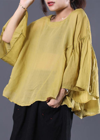 Elegant yellow linen Tunic Cotton o neck summer ruffles shirt - bagstylebliss