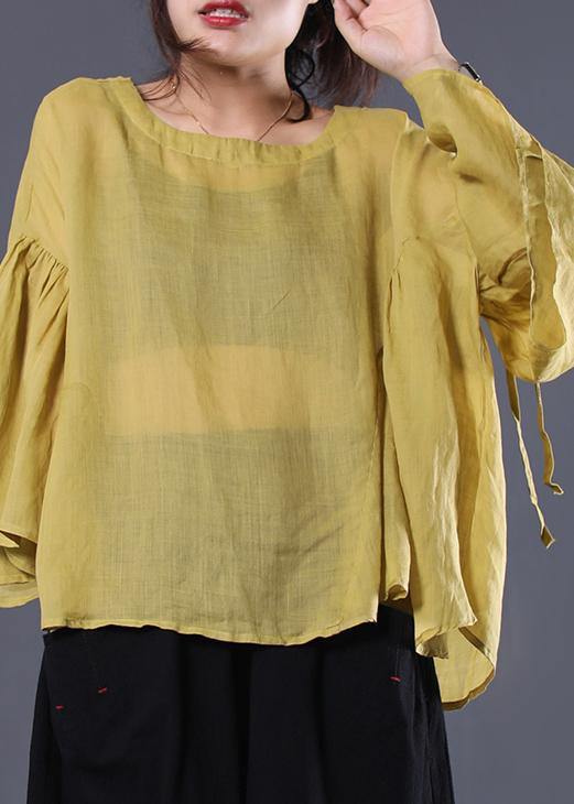 Elegant yellow linen Tunic Cotton o neck summer ruffles shirt - bagstylebliss