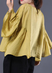 Elegant yellow linen Tunic Cotton o neck summer ruffles shirt - bagstylebliss
