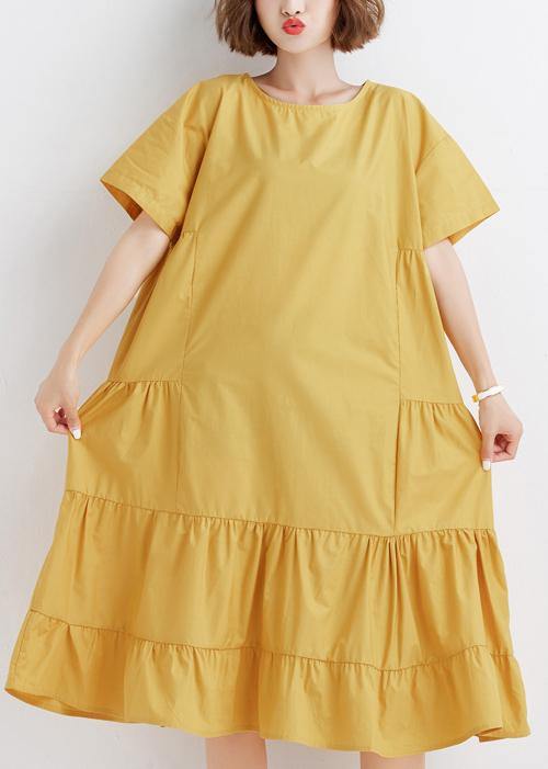 Elegant yellow o neck cotton Tunics ruffles Robe summer Dresses - bagstylebliss