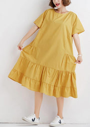 Elegant yellow o neck cotton Tunics ruffles Robe summer Dresses - bagstylebliss