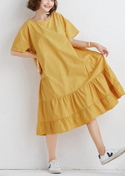 Elegant yellow o neck cotton Tunics ruffles Robe summer Dresses - bagstylebliss