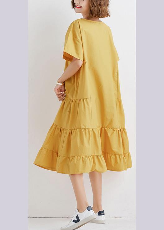 Elegant yellow o neck cotton Tunics ruffles Robe summer Dresses - bagstylebliss