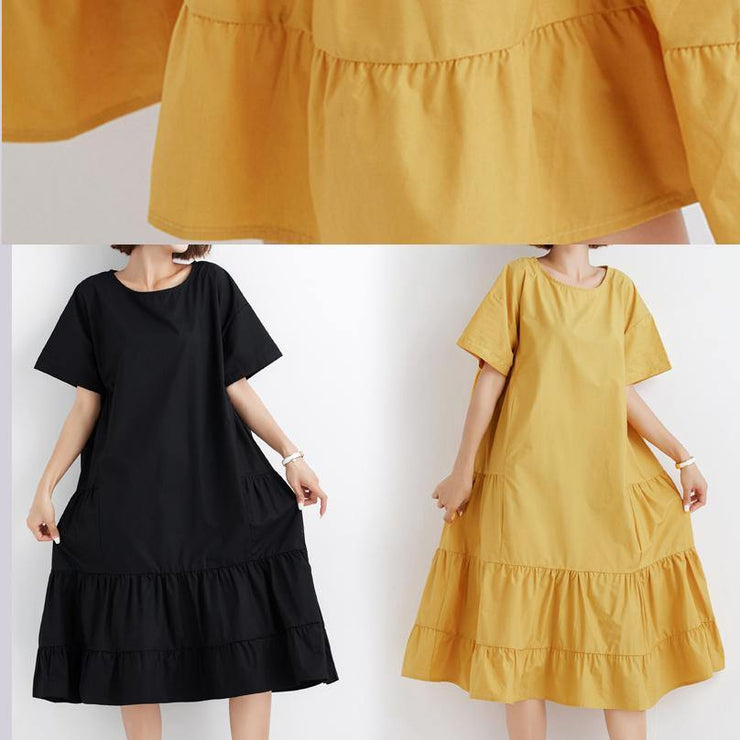 Elegant yellow o neck cotton Tunics ruffles Robe summer Dresses - bagstylebliss