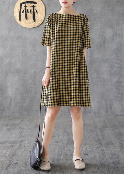 Elegant yellow plaid linen Tunics o neck half sleeve Midi summer Dress - bagstylebliss