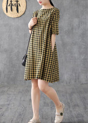 Elegant yellow plaid linen Tunics o neck half sleeve Midi summer Dress - bagstylebliss