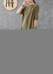 Elegant yellow plaid linen Tunics o neck half sleeve Midi summer Dress - bagstylebliss