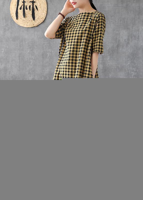 Elegant yellow plaid linen Tunics o neck half sleeve Midi summer Dress - bagstylebliss