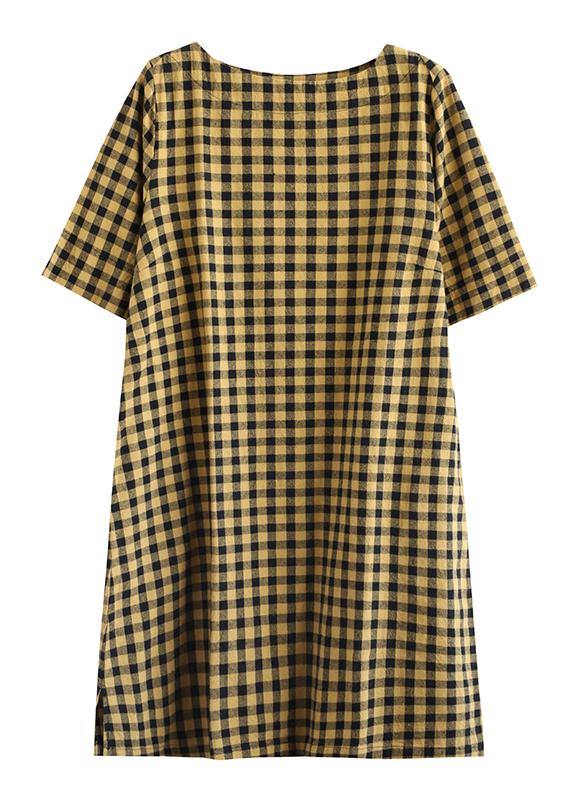 Elegant yellow plaid linen Tunics o neck half sleeve Midi summer Dress - bagstylebliss