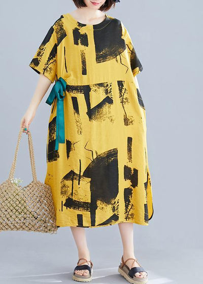 Elegant yellow print cotton Tunic o neck tie waist A Line summer Dresses - bagstylebliss