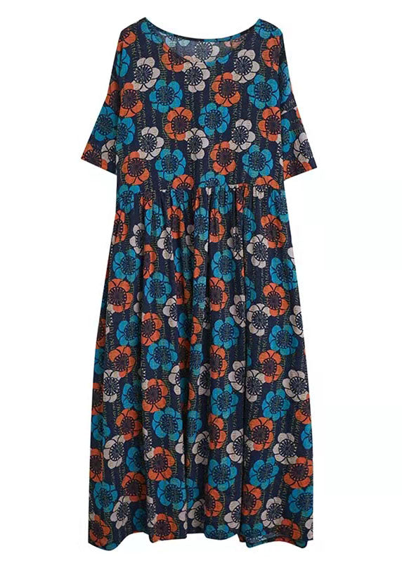 Elegant Blue O-Neck Print Summer Party Dress Half Sleeve