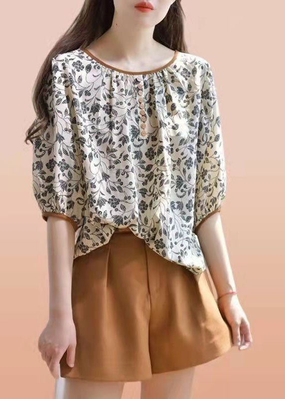 Elegant Khaki Chiffon O-Neck Casual Print Fall Half Sleeve Top