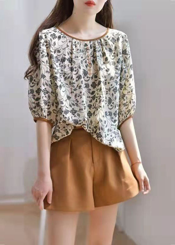 Elegant Khaki Chiffon O-Neck Casual Print Fall Half Sleeve Top