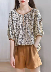 Elegant Khaki Chiffon O-Neck Casual Print Fall Half Sleeve Top