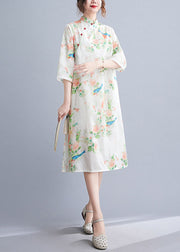 Elegant O Neck Half Sleeve Top Sewing Green Bird Print Shirt