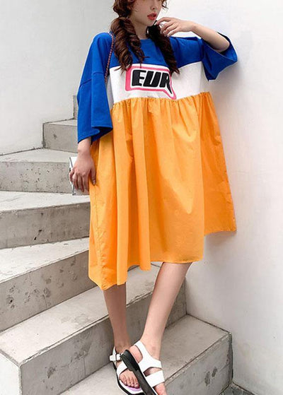 Elegant Blue White Patchwork Orange Summer Cotton Loose Dresses Half Sleeve - bagstylebliss