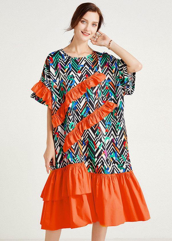 Elegant Orange Print Loose Ruffles Summer Long Dresses - bagstylebliss
