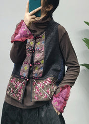 Ethnic Style Black O-Neck Embroideried Patchwork Vest Spring