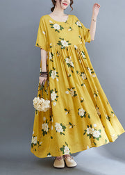 Ethnic Style Yellow O-Neck Cinched Print Long Dresses Short Sleeve