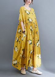 Ethnic Style Yellow O-Neck Cinched Print Long Dresses Short Sleeve