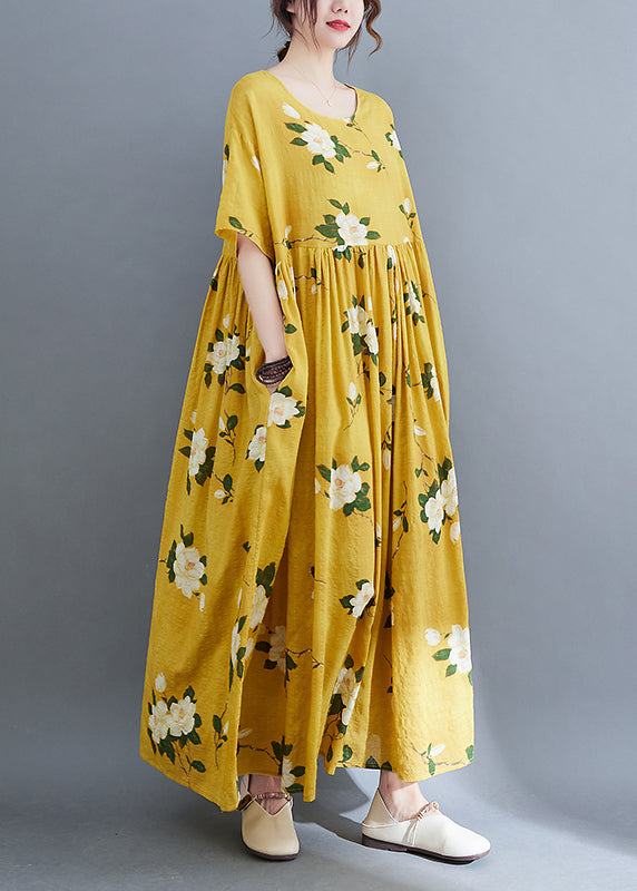 Ethnic Style Yellow O-Neck Cinched Print Long Dresses Short Sleeve