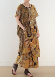 Ethnic Yellow Printed Women Mid Length + Loose Wide Leg Pants Suit - bagstylebliss