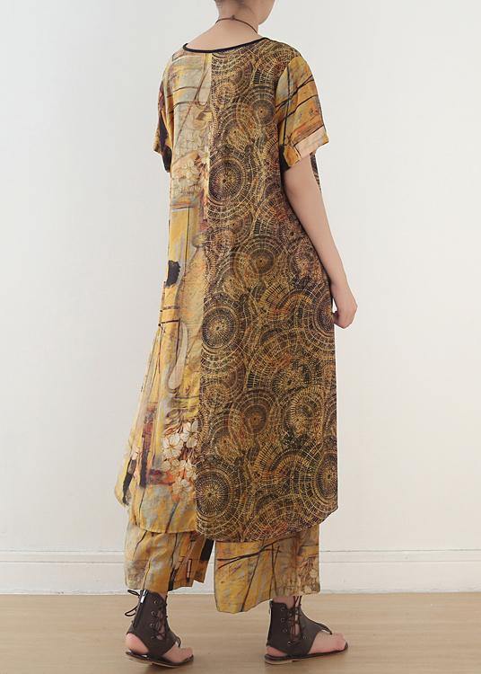 Ethnic Yellow Printed Women Mid Length + Loose Wide Leg Pants Suit - bagstylebliss