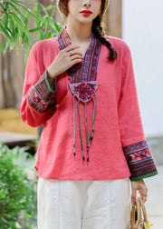 Ethnic style Red V Neck Embroideried Patchwork Linen Shirt Tops Spring