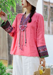 Ethnic style Red V Neck Embroideried Patchwork Linen Shirt Tops Spring