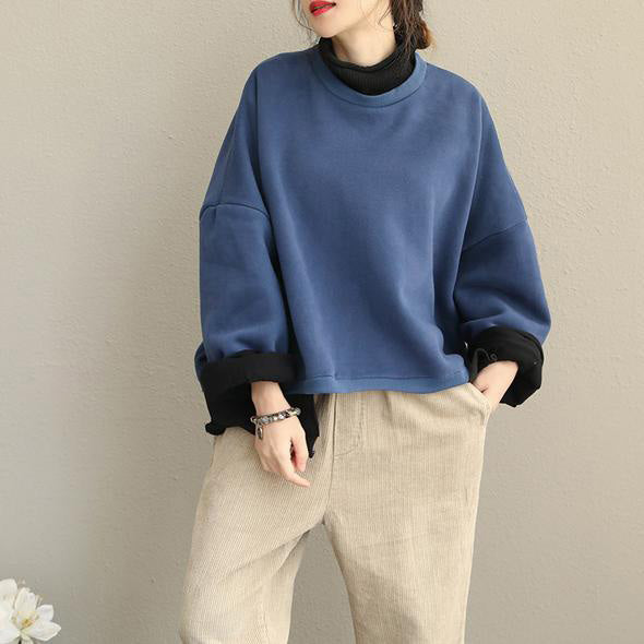 Fall Winter Vintage Casual Quilted Blue High Neck Fleece Women Cotton Tops