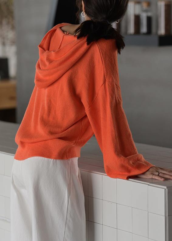 Fashion  orange knitted blouse oversized hooded drawstring knitted tops - bagstylebliss