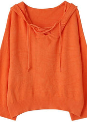 Fashion  orange knitted blouse oversized hooded drawstring knitted tops - bagstylebliss