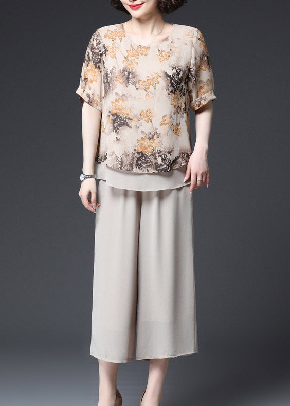 Fashion Apricot O-Neck Print Layered Design Chiffon Tanks And Wide Leg Pants Two Pieces Set Summer