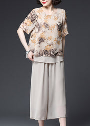 Fashion Apricot O-Neck Print Layered Design Chiffon Tanks And Wide Leg Pants Two Pieces Set Summer