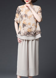 Fashion Apricot O-Neck Print Layered Design Chiffon Tanks und Hose mit weitem Bein Zweiteiliges Set Sommer