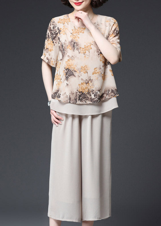 Fashion Apricot O-Neck Print Layered Design Chiffon Tanks And Wide Leg Pants Two Pieces Set Summer