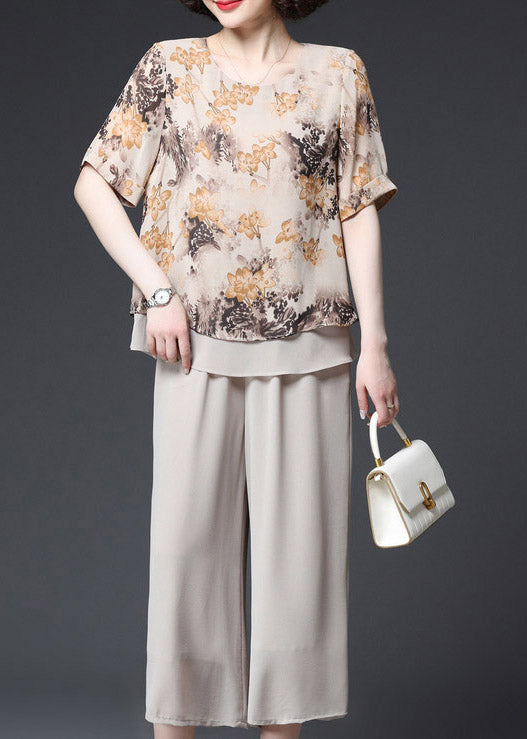 Fashion Apricot O-Neck Print Layered Design Chiffon Tanks And Wide Leg Pants Two Pieces Set Summer