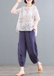 Fashion Apricot Wrinkled Print Linen Two Piece Set Outfits Short Sleeve