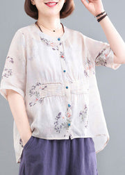 Fashion Apricot Wrinkled Print Linen Two Piece Set Outfits Short Sleeve