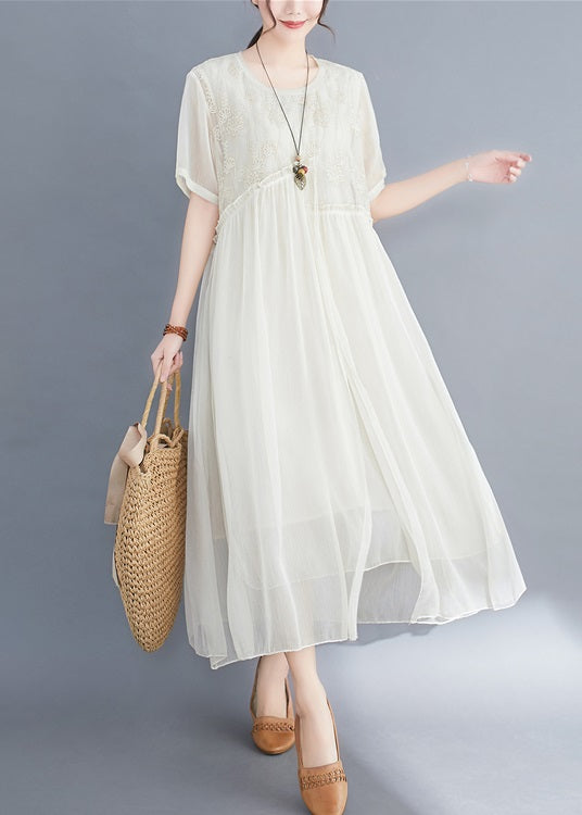 Fashion Apricot asymmetrical design Silk Dresses Short Sleeve