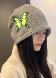 Fashion Beige Butterfly Embroidery Knit Bonnie Hat