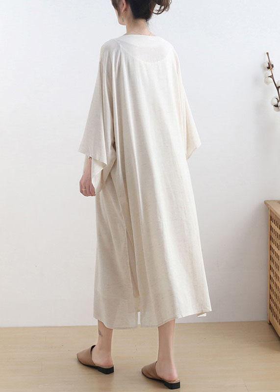 Fashion Beige O-Neck Button Maxi Dresses Fall Cotton Dress - bagstylebliss