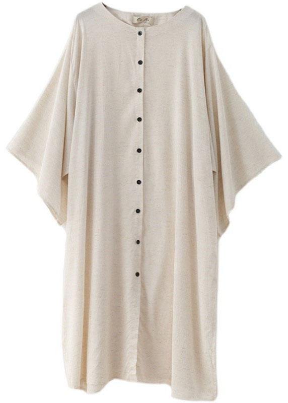 Fashion Beige O-Neck Button Maxi Dresses Fall Cotton Dress - bagstylebliss