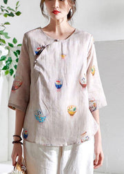 Fashion Beige Patchwork Print Button Summer Ramie Top - bagstylebliss