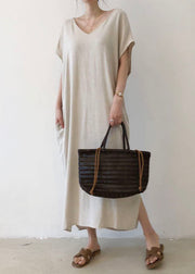 Fashion Beige V Neck Cotton Short Sleeve Long Dresses