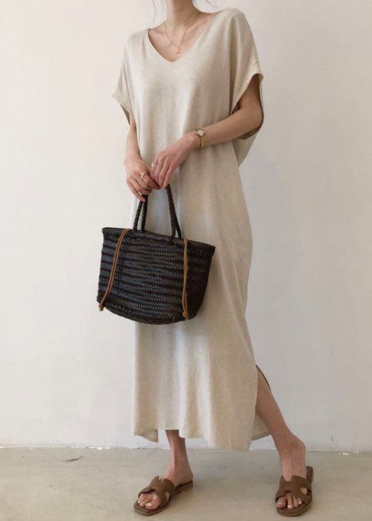 Fashion Beige V Neck Cotton Short Sleeve Long Dresses