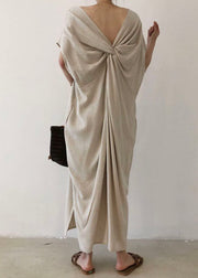 Fashion Beige V Neck Cotton Short Sleeve Long Dresses