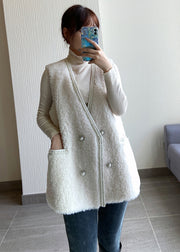 Fashion Beige V Neck Pockets Button Wool Vest Sleeveless