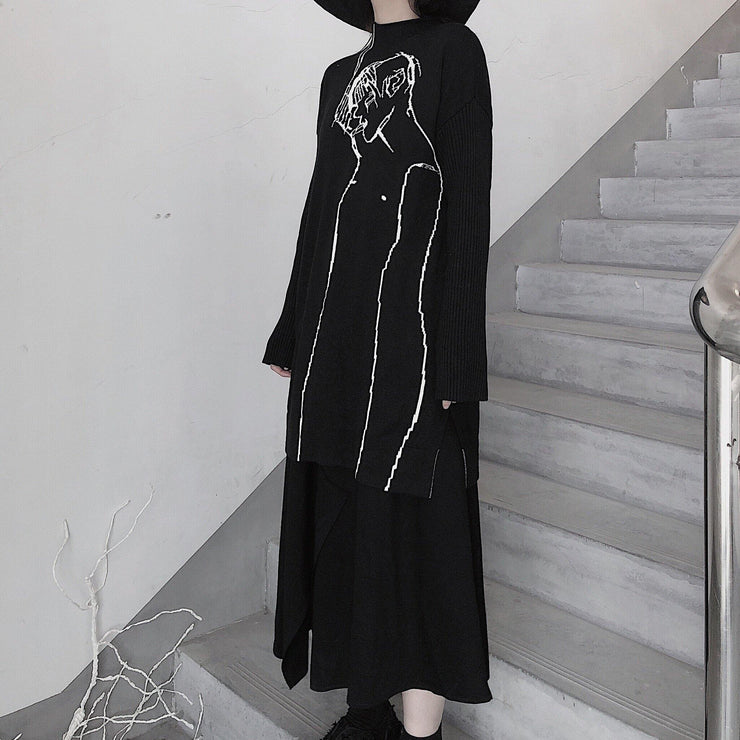 Fashion Black Abstract Portrait Knit Blouse High Neck Plus Size Clothing Knitwear - bagstylebliss