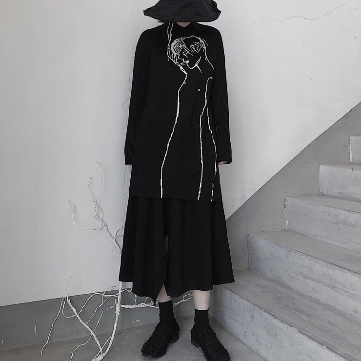 Fashion Black Abstract Portrait Knit Blouse High Neck Plus Size Clothing Knitwear - bagstylebliss